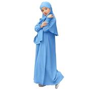 Robe de prière musulmane à manches longues Abaya pour filles - Couleur unie - Caftan Abaya avec hijab - Vêtements islamiques modeste arabe Dubaï Aïd, bleu clair, 7-8 ans