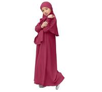 Robe de prière musulmane à manches longues Abaya pour filles - Couleur unie - Caftan Abaya avec hijab - Vêtements islamiques modeste arabe Dubaï Aïd, Rouge, 7-8 ans