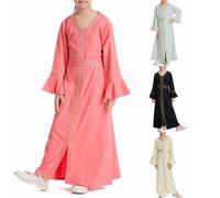 Robe de prière musulmane Abaya pour filles - Robe de prière musulmane pour enfants - Vêtements islamiques à volants - Manches longues - Ourlet fendu - Col en V - Longueur totale, rouge pastèque, 11-12