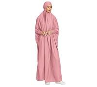 Robe de Prière Musulmane de Couleur Unie en Satin pour Femmes, Robe de Musulmane Pleine Longueur Robe de Islamique Dubai Arabe Moyen-Orient Ramadan avec Hijab Rose Une Taille