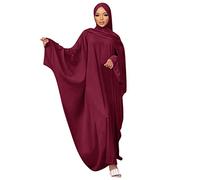 Robe de Prière Musulmane Deux Pièces pour Femmes Abaya Islamique Moyen-Orient Dubaï Turquie Maxi Caftan Hijab Pleine Longueur Vin Rouge + Turban Taille Unique