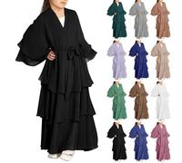 Robe de prière musulmane en mousseline de soie Abaya à manches longues et col en V pour enfants, fête islamique du Ramadan en tulle, Thobe Dubaï, caftan Jilbab décontractée et élégante, gris, 7-8 ans