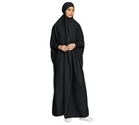 Robe de Prière Musulmane en Satin Unie pour Femmes - Pleine Longueur Islamique Dubai Arabe Moyen-Orient Ramadan avec Hijab Noir - Une Taille