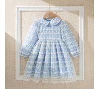 Robe de princesse bleue en maille brodée de fleurs élégante et douce pour tout-petites filles, col Peter Pan, manches longues, convient pour les occasions de printemps, d'été et d'automne comme les fê