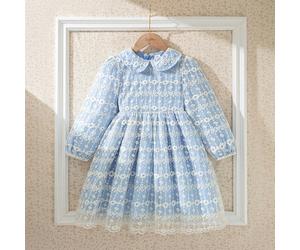 Robe de princesse bleue en maille brodée de fleurs élégante et douce pour tout-petites filles, col Peter Pan, manches longues, convient pour les occasions de printemps, d'été et d'automne comme les fê