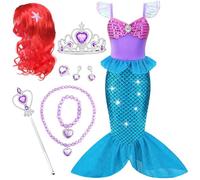 Robe de Princesse Costume Fille, 8 Pièces Ensemble Deguisement Fille, Avec Rouge Perruque and Accessoires Fins de Fille, Pour Enfant Fille, Anniversaire Fete Carnaval, Violet Bleu 110CM