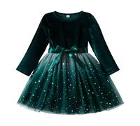 Robe de princesse de Noël pour fille 2-7 Ans Noel Hiver Robe Princesse Fille Chic Et Elegant Anniversaire Mariage Habillée Imprimé étoile dégradé Velours Fille avec Tulle Manche Longue Bowknot