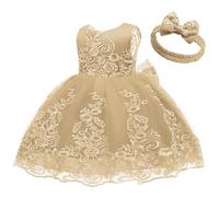 Robe de Princesse dorée en Dentelle avec Dos en V et nœud Papillon pour Enfant baptême Communion Anniversaire Mariage Taille L (3-4 Ans)