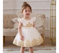 Robe de princesse élégante pour bébé fille de 0 à 3 ans, en dentelle blanche avec patchwork, broderie dorée et perles faites à la main. Convient pour le 1er anniversaire du bébé, les banquets, les bal