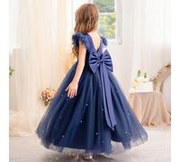 Robe de princesse élégante pour filles préadolescentes avec décorations en nœuds et manches en maille, convient comme cadeau d'anniversaire, pour une fête, un bal, un mariage, une demoiselle d'honneur