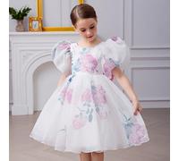 Robe de princesse élégante pour jeune fille avec nœud et imprimé floral en maille à manches bouffantes. Convient comme cadeau d'anniversaire, pour une fête, une demoiselle d'honneur, une représentatio