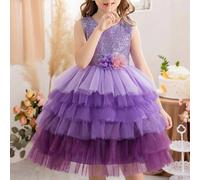 Robe de princesse élégante pour jeunes filles avec jupe en tulle à fleurs violettes. Robe de demoiselle d'honneur de luxe pour mariage, récital de violon, anniversaire 6Y,7Y,4Y,5YUnicolorePolyester