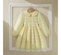 Robe de princesse en maille jaune avec broderie florale élégante pour jeune fille, col Peter Pan, manches longues, convient pour les occasions de printemps, d'été et d'automne comme les fêtes d'annive