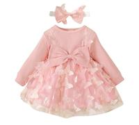 Robe de Princesse Enfant Fille Manches Longues Col Rond Robes Tutu Fleur Mariage Anniversaire Cake Smash Noël Baptême Robe Soirée Princesse Fête Robes Filles Mode Jupe avec Bow Headwear