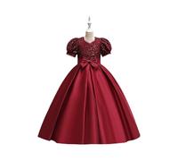 Robe de Princesse Fille à Paillettes - Robe de Soirée Enfant avec Manches Bouffantes et Nœud Papillon pour Mariage Ceremonie Anniversaire Fête,Rouge Foncé,10 Ans,12 Ans,f558a