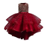 Robe de Princesse Fille,Robe de Soirée Enfant Fille ÉLéGante Manches Longues Col Rond Brodé Sequins Couleur Unie Robe Tulle avec Ceinture Vetement Noel Petite Fille pour 3-11 Ans Rouge,10-11 Ans
