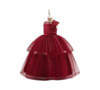 Robe de Princesse Fille - Robe de Soirée avec Col Asymétrique et Jupe en Tulle pour Mariage Cérémonie Anniversaire Fête Formelle Bal,Rouge Foncé,5 Ans,7 Ans,f768a