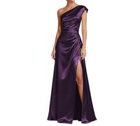 Robe de princesse froncée pour demoiselle d'honneur, robe de bal une épaule avec fente formelle, robe de soirée maxi ZMKI427, prune, 36