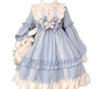 Robe De Princesse Lolita Japonaise Mignonne Et Douce pour Femmes Y2k Printemps Et Automne Robes Lolita À Manches Longues Légères Kawaii Cosplay Party (Bleu,TG)
