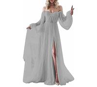 Robe de princesse longue en tulle à épaules dénudées pour femme - Robe de soirée formelle - Manches longues - Fente sur le côté, Argenté., 34