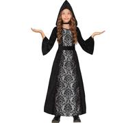 Robe de princesse médiévale à capuche Noir Halloween pour enfants Costume de conte de fées Tunique Fantaisie Robe élégante Dentelle Magique, Taille : 128/134 Couleur : Noir