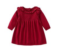Robe de princesse pour bébé, enfant, petite fille - Tricot solide - Manches longues - Épais - Pour le printemps et l'hiver, rouge, 4-5 ans