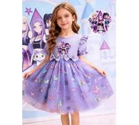 Robe de princesse pour enfants de style rêveur, violette, imprimé dessin animé K-POP + éléments de sequins papillon à pois colorés Lavande