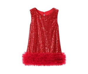 Robe de princesse pour fille - Mini robe sans manches avec jupe en tulle et sequins - Robe de fête élégante - Tissu doux - Robe festive décontractée, rouge, 5-6 ans