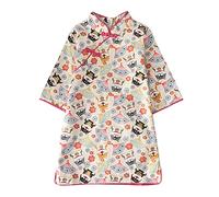 Robe de princesse pour fille - Pour bébé fille - Motif floral - Cheongsam - Tenue de fête d'été - Manches mi-longues, beige, 5-6 ans