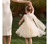 Robe de princesse pour jeune fille, robe sans manches à fleurs de rose 3D en maille apricot avec volants sur les épaules, pour anniversaire, mariage, vacances, été 6Y,7Y,4Y,5YUnicoloreTulle