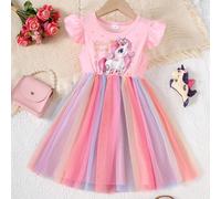 Robe de princesse pour jeunes filles avec imprimé licorne mignon, patchwork, mesh coloré et manches à volants, col rond, pour fêtes, vacances ou tenue décontracté 6Y,7Y,4Y,5YRayéPolyester