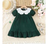 Robe de princesse style pastoral pour bébé fille d'été, en tissu tressé, couleur de base vert menthe, broderie de dentelle blanche, col Peter Pan, manches courtes bouffantes + ourlet volant évasé, con