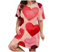 Robe de pyjama confortable pour femme - Nuisette à manches courtes en coton pour femme - Pull à col rond - Chemise de nuit courte à imprimé cœur - Coupe ample - Vêtement de détente léger - Vêtement de