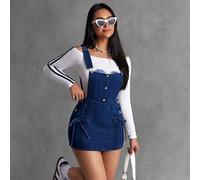 Robe de salopette en jean courte, polyvalente et décontractée pour femmes, avec design à lacer L,M,S,XSUnicoloreJean