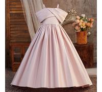 Robe de scène élégante en satin pour filles préadolescentes, à bretelles spaghetti, avec nœud dans le dos, courte devant et longue traîne derrière, convient pour assister à des fêtes, serre-tête non i