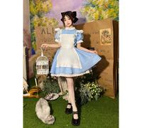 Robe de servante fantastique bleue et blanche pour femmes avec col Peter Pan et manches courtes à volants pour cosplay printemps automne L,M,S,XL,XS,XXL,XXSBlocs de couleurTissu tissé