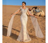 Robe de sirène de luxe en ivoire perlée - épaules dénudées avec manches cape attachées et traîne pour les tapis rouges, les galas d'opéra et les dîners de gala L,M,S,XLPlantesTissu tricoté