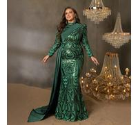 Robe de soirée à col mao et sequins pour femmes grandes tailles, avec manches longues, détails drapés, silhouette sirène ajustée et traîne élégante, pour galas de gala, soirées d'opéra, grands banquet