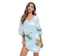 Robe de soirée à manches 3/4 en mousseline de soie avec col en V Bleu Taille S à XXL, Mignon Avion Hélicoptère Bleu, Taille XL