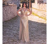 Robe de soirée à motif de sequins scintillants avec col en V profond et ceinture, convient pour les banquets, les galas, les bals de charité, les cérémonies de remise de prix, les fêtes de mariage en 