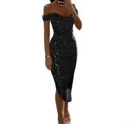 Robe de soirée à paillettes pour femmes, robe de soirée à épaules dénudées, sans manches, robe de bal conçue pour des événements élégants et formels (taille S, noir)