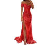 Robe de soirée à paillettes sexy pour femme - Épaules dénudées - Taille haute - Fente latérale - Robe longue - Robe maxi élégante - Col en V - Robe de cocktail - Robe de bal - Robe festive, Rot7., M
