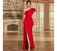 Robe de soirée ajustée avec volants perlés et fente haute, convient pour Noël, Nouvel An, événements du soir, mariage élégant rouge L,M,S,XLUnicoloreTissu tricoté