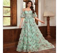 Robe de soirée ample Kexmon avec épaules dénudées, manches romantiques en maille florale. Parfait pour les occasions formelles et les soirées, robe de bal de promo, robe d'invitée de mariage pour dîne