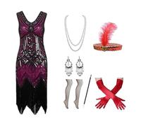 Robe de Soirée avec Franges et Paillettes Style Années 20 avec Ensemble d'Accessoires avec Col en V pour Charleston et Gatsby Ensemble de Robe pour Femme 7 Pièces, Rose intense, XXXXXL