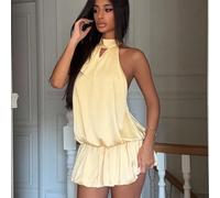 Robe de soirée/cocktail de couleur unie jaune printemps et été pour femmes/saison de rentrée scolaire/fête d'anniversaire/fête en club/jupe ballon sexy froncée à gros dos nu style culotte à col licou/