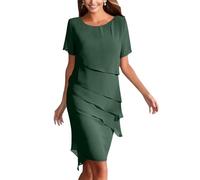 Robe de Soirée Cocktail Femme Chic et Elegant pour Mariage - Robe Mère de la Mariée en Mousseline à Manches Courtes Col Rond Longueur Genou Cadeau de Ma Mère,Vert Foncé,XL,f163r