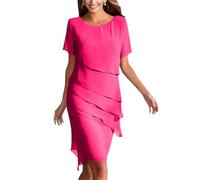 Robe de Soirée Cocktail Femme Chic et Elegant pour Mariage - Robe Mère de la Mariée en Mousseline à Manches Courtes Col Rond Longueur Genou Cadeau de Ma Mère,Rose Vif,XL,f183r