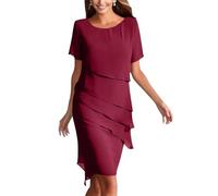 Robe de Soirée Cocktail Femme Chic et Elegant pour Mariage - Robe Mère de la Mariée en Mousseline à Manches Courtes Col Rond Longueur Genou Cadeau de Ma Mère,Vin Rouge,XL,f173r