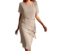 Robe de Soirée Cocktail Femme Chic et Elegant pour Mariage - Robe Mère de la Mariée en Mousseline à Manches Courtes Col Rond Longueur Genou